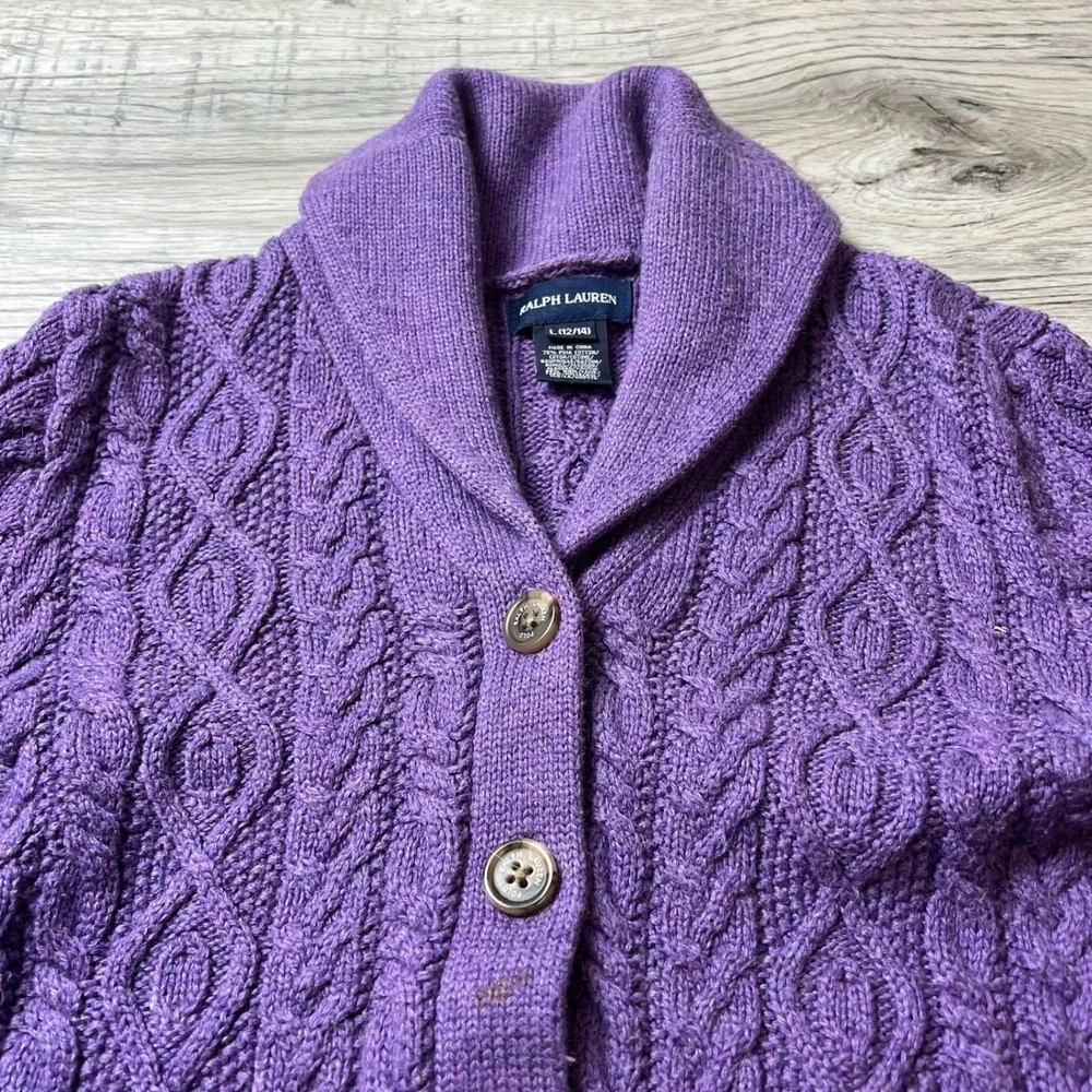 Ralph Lauren Cardigan Girls L 12/14 Purple Cable Knit Suede Elbow Patch Sweater